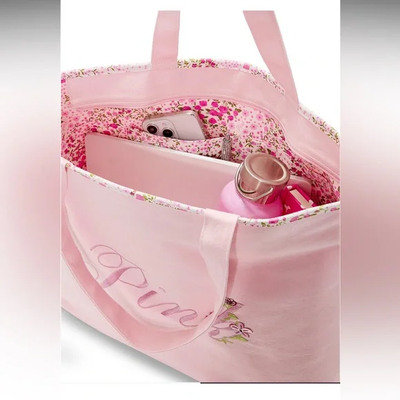 Victoria’s Secret PINK Pink Canvas Floral Embroidered Tote Bag Zip Top 1 Pocket - Picture 3 of 11
